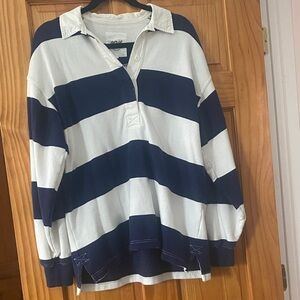 Aerie Oversized Striped Navy and White Rugby French Terry Fleece Polo